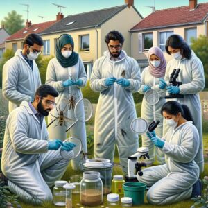 A photography of healthcare professionals conducting an entomological investigation in a French suburban area, wearing protective clothing and using specialized equipment to monitor and control mosquito populations.