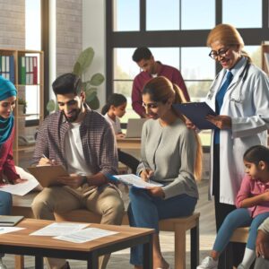 A photography of a school office where parents are filling out simplified health declaration forms for their children's sports activities, with a happy doctor in the background.