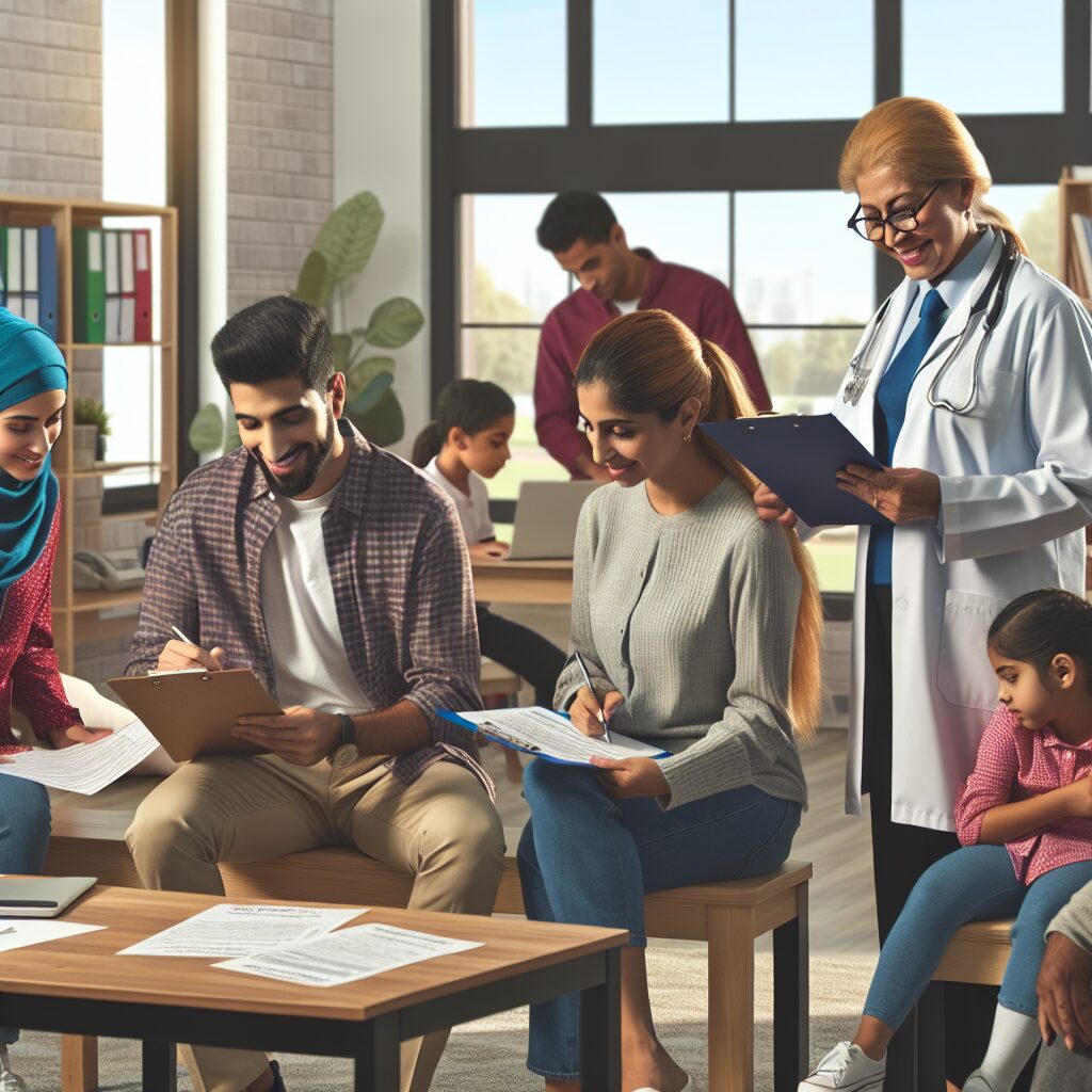 A photography of a school office where parents are filling out simplified health declaration forms for their children's sports activities, with a happy doctor in the background.