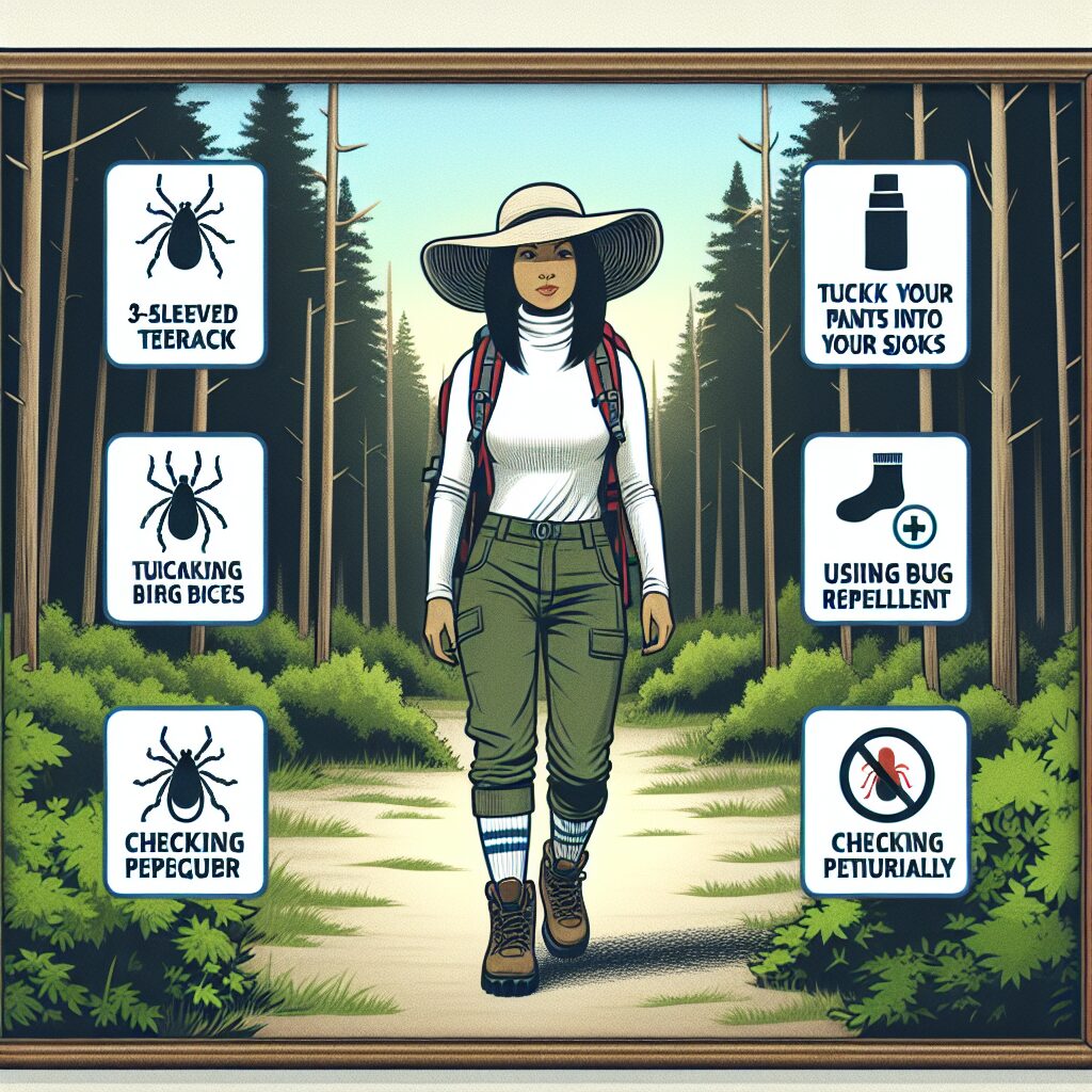 A photography of a person hiking in a forest, wearing long-sleeved clothing and a hat, with a focus on the precautions taken to avoid tick bites.