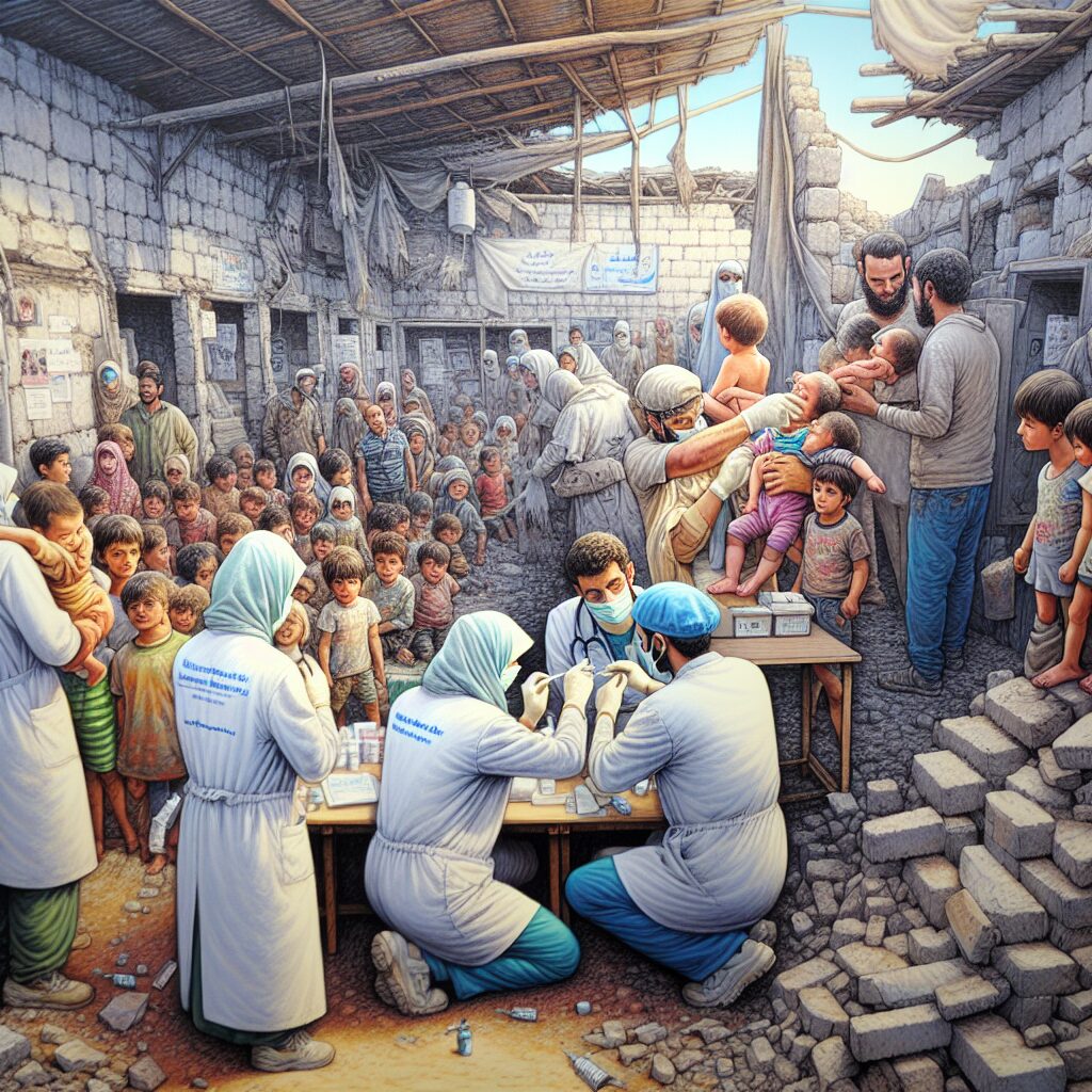 A photography of healthcare workers in Gaza administering polio vaccines to children in a makeshift clinic amidst damaged infrastructure.