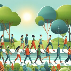 A diverse group of people walking in a vibrant park, illustrating a sense of health and movement. Focus on a sunny day with trees and a path, conveying the idea of community and wellness through walking.