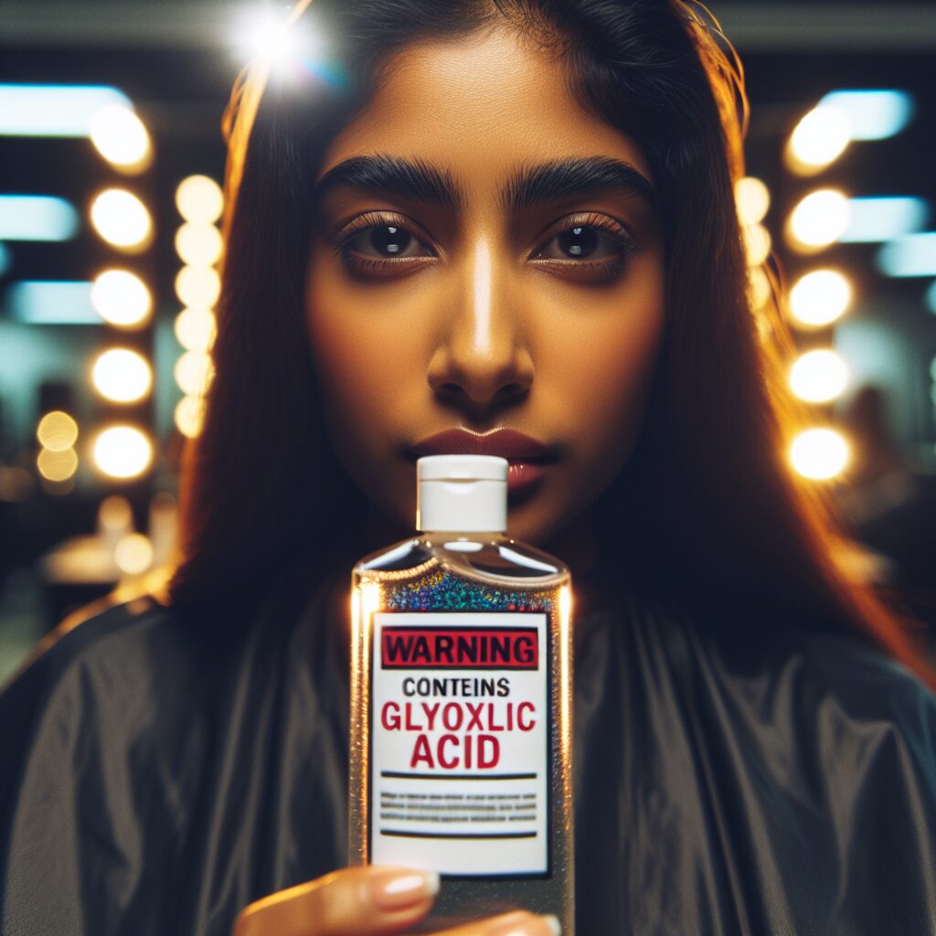 A close-up of a woman in a hair salon, looking concerned, with a bottle of hair straightening product labeled 'Warning: Contains Glyoxylic Acid'. Bright salon lighting, focused on the product and the woman's expression, highlighting a sense of caution.