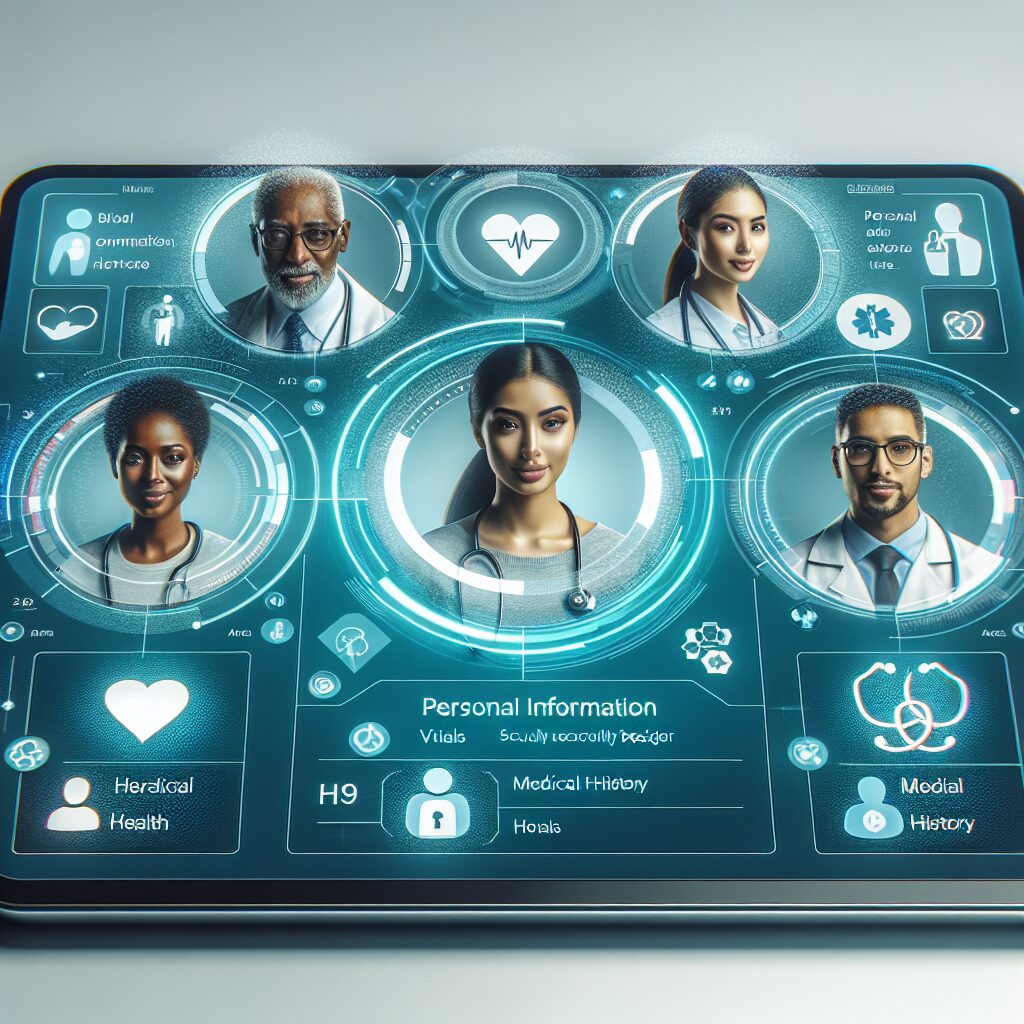 A futuristic digital health record interface being accessed by diverse people, showcasing various medical data and features in a secure environment, with a color palette of blues and greens symbolizing health and technology.