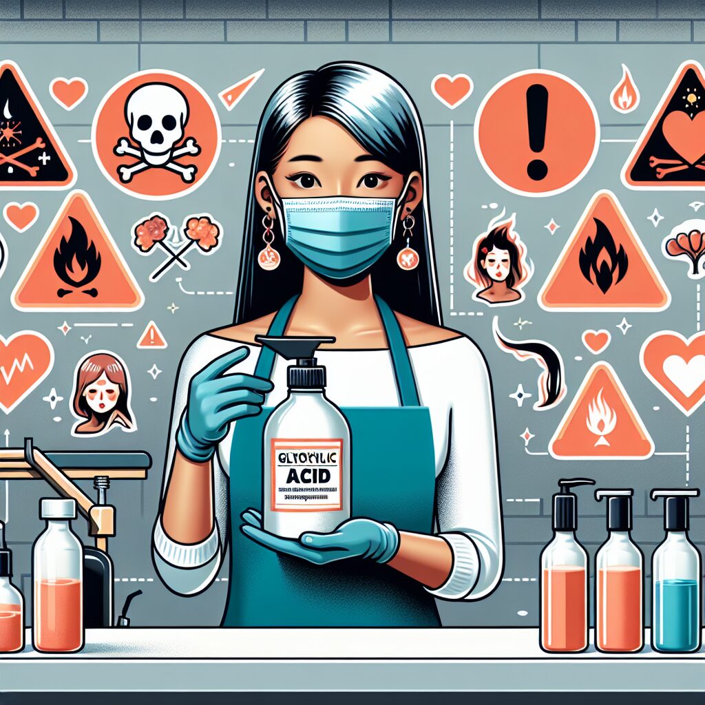 Graphic of a hair salon with a stylist preparing to use hair straightening products, highlighting the warning signs and health risks associated with chemical ingredients such as glyoxylic acid.