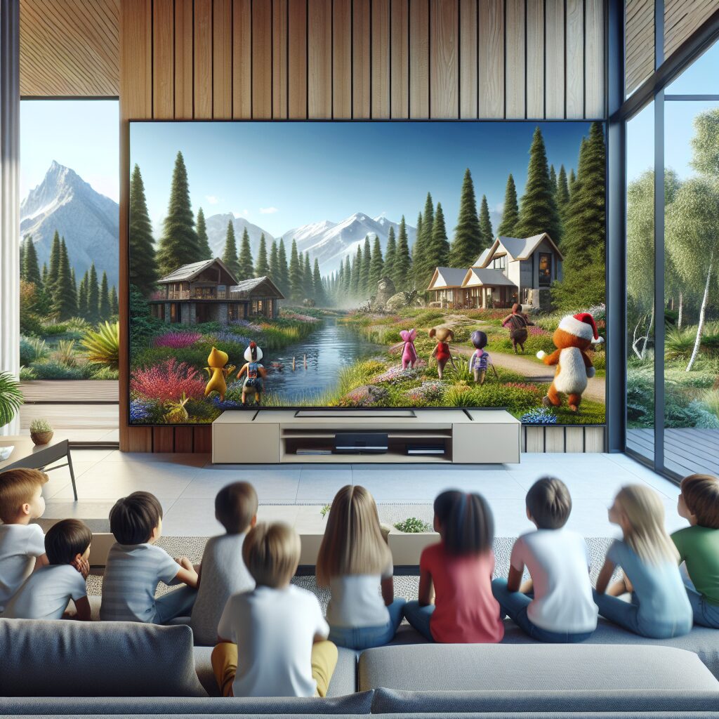 Des enfants regardant un dessin animé à l'intérieur d'une maison moderne, avec des éléments naturels en arrière-plan flouté, pour illustrer le contraste entre l'intérieur et l'extérieur.