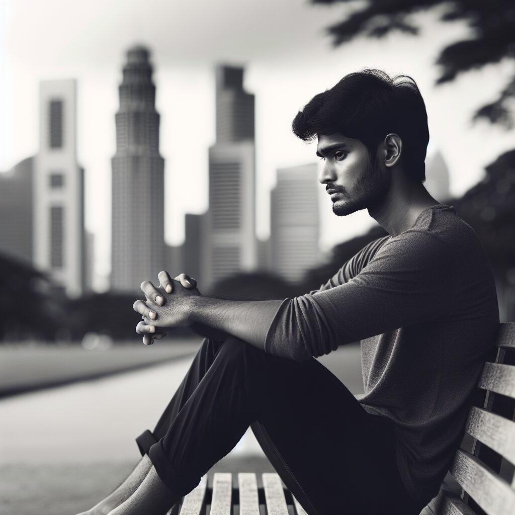 A thoughtful man sitting alone on a park bench, looking contemplative, with a city skyline in the background, symbolizing mental health reflection and solitude.