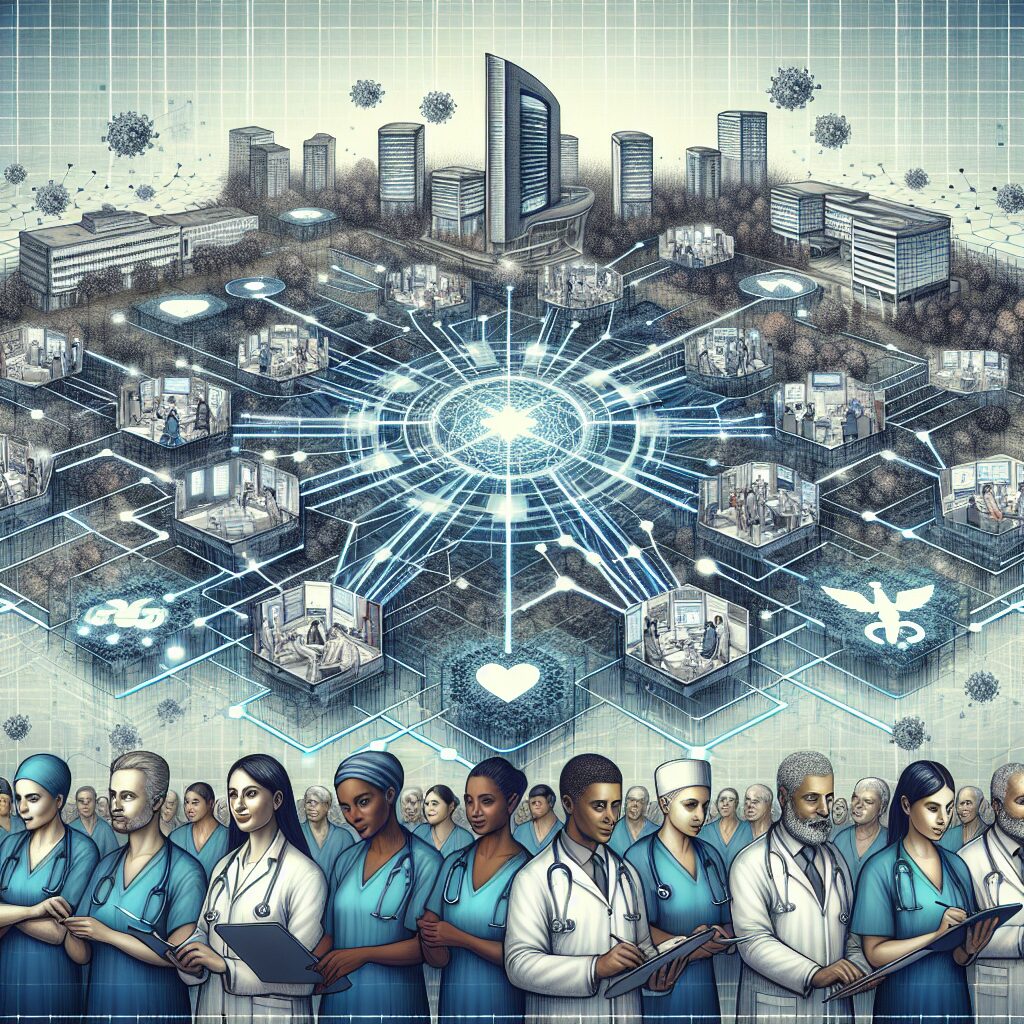 A detailed and interconnected illustration of hospitals, data networks, and healthcare professionals collaborating across France, representing a modern, digital, and comprehensive hospital surveillance network.