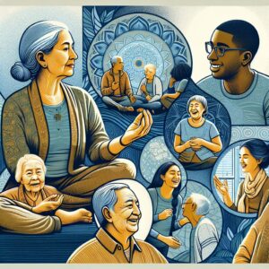 An illustration showing various people of all ages and backgrounds engaged in a supportive and comforting mental health community, reflecting diversity and inclusion.