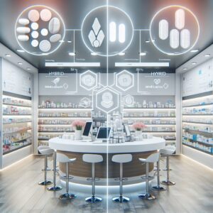 An illustrative image of hybrid medications, showcasing different forms such as liquid and solid formats, depicted in a modern pharmacy setting.