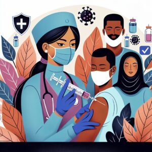 Illustration depicting a healthcare worker administering a vaccine to a diverse group of people, showing a sense of community health and prevention. The background should display medical icons like syringes and shields symbolizing health protection against viruses, with autumn leaves indicating the season.