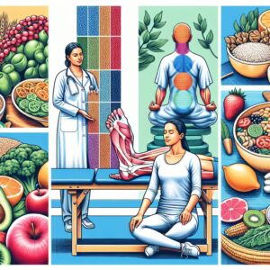 An informative illustration showing various non-medication treatments such as physiotherapy, a balanced diet, and mindfulness practices, symbolizing a holistic approach to health care.