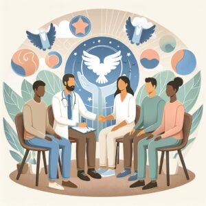 An illustration depicting the collaboration between healthcare providers and patients in mental health care, symbolized by diverse individuals engaging in a supportive group therapy session, surrounded by calm and soothing imagery, conveying a sense of hope and healing.