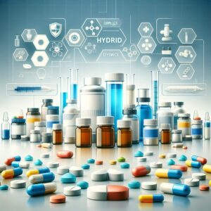 Illustration of various pharmaceutical pills and bottles depicting hybrid drugs, symbolizing diversity and innovation in medicine. A modern, sterile pharmaceutical laboratory background enhances the theme.