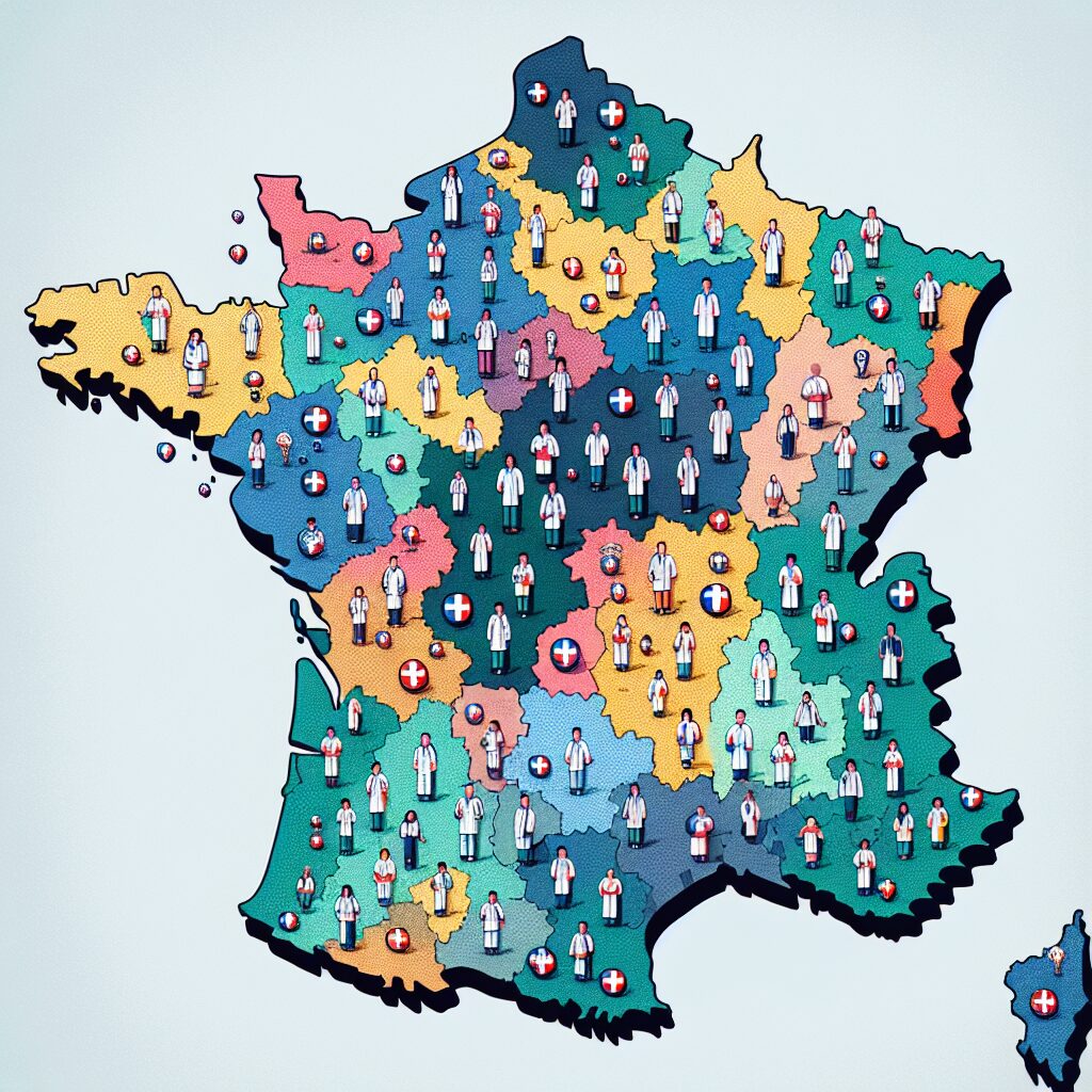 A map of France showing different regions with medical symbols indicating the distribution of general practitioners near birthplaces and internship locations.