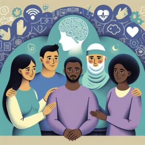 Illustration showing diverse people supporting each other in mental health, symbolizing unity and support. The background should represent community and healthcare involvement, with subtle elements like brains and hearts to signify mental wellness.