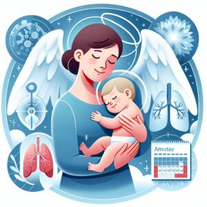 An illustration showing a caring mother holding her baby with a protective halo symbolizing health and safety, surrounded by images of respiratory health symbols and a calendar highlighting the winter months.