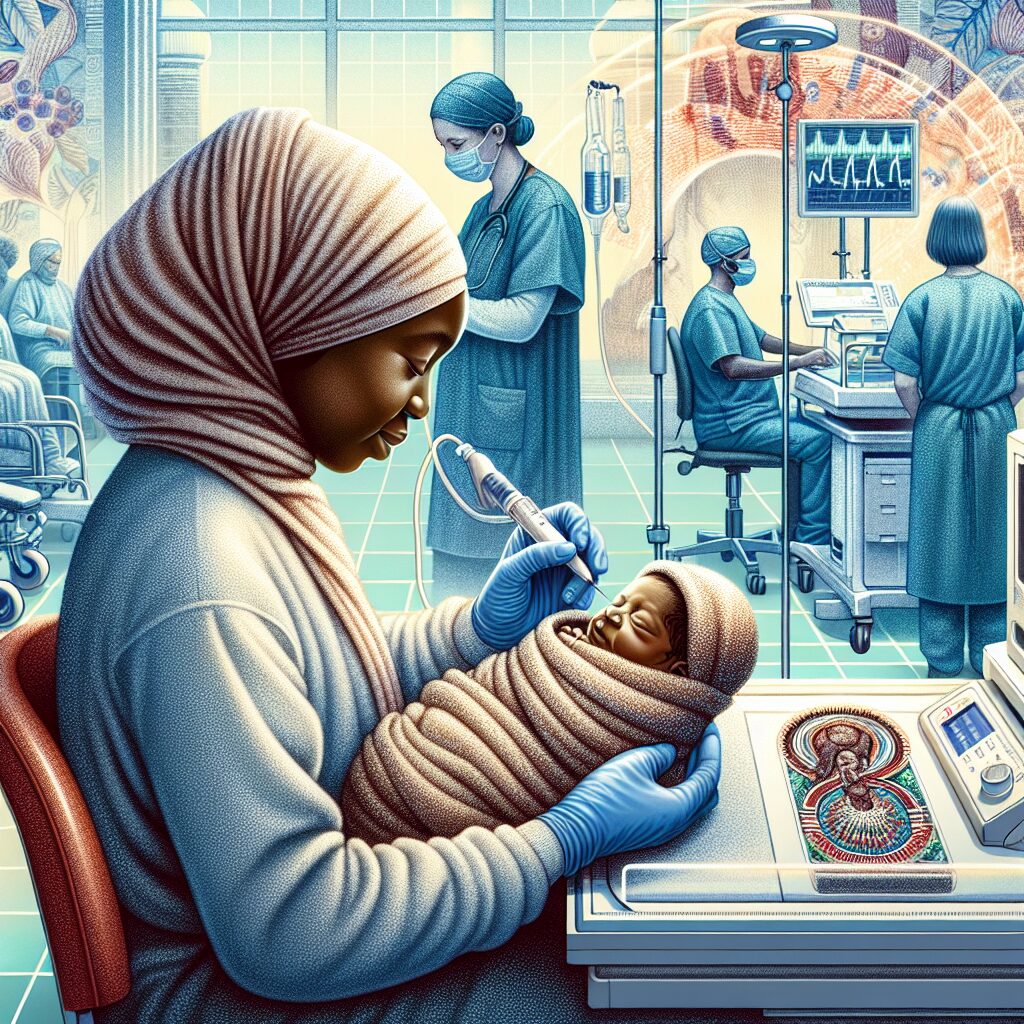 A medical illustration showing a newborn baby in a hospital setting, with a healthcare professional performing a neonatal screening test, highlighting the concept of systematic screening for sickle cell disease, with medical equipment and caring professionals in the background.