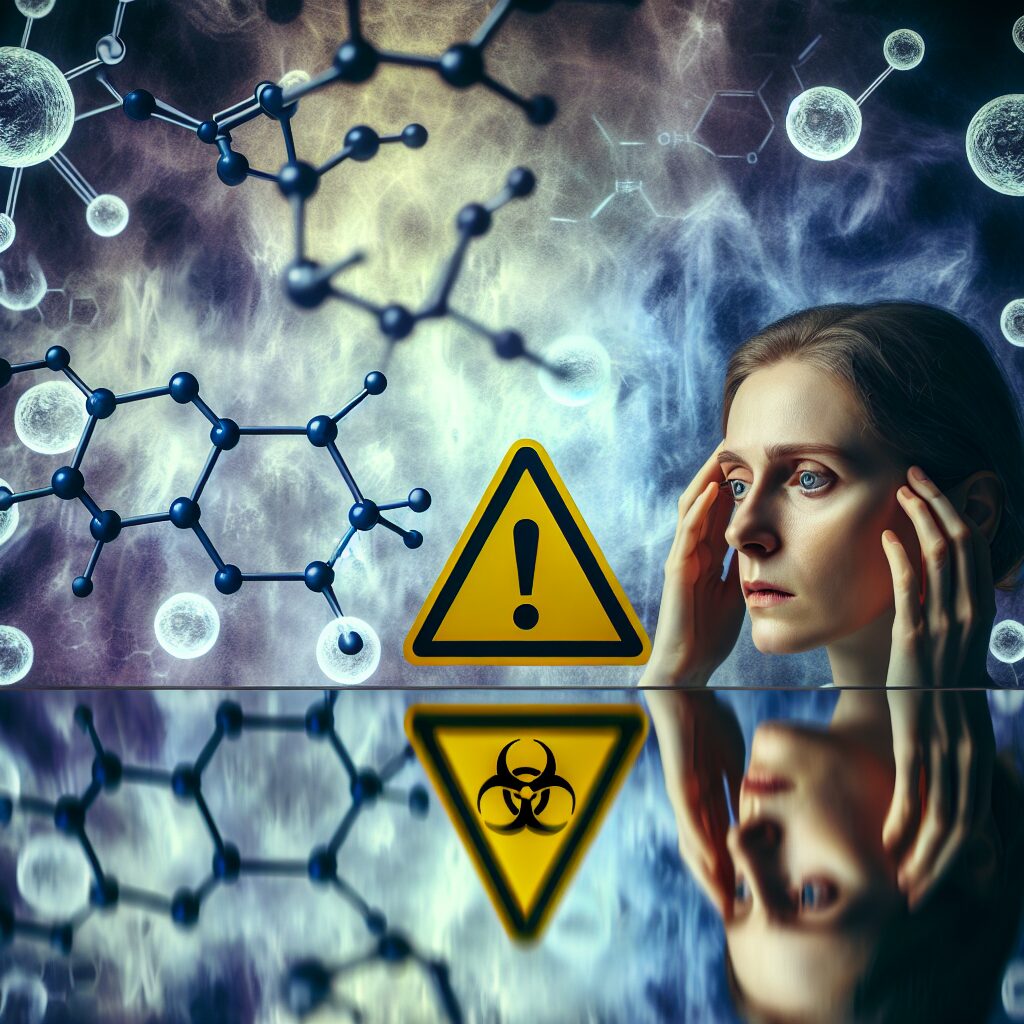 A worried woman examining her hair in the mirror, with a shadowy backdrop showing the chemical structure of glyoxylic acid, and a warning sign symbolizing health risks.