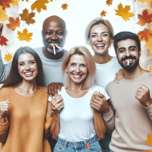 Image inspirante montrant des personnes diverses, joyeuses et motivées, se soutenant mutuellement dans l'arrêt de la cigarette, avec un fond de feuilles d'automne symbolisant le mois de novembre.