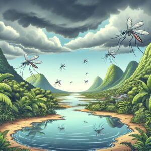 Un paysage tropical de Guadeloupe avec des moustiques virevoltant près d'une flaque d'eau stagnante, sous un ciel nuageux, illustrant une ambiance de vigilance sanitaire pour la dengue.