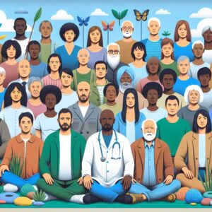 A diverse group of people of different ages and backgrounds, symbolizing mental health awareness and support in France, looking hopeful and united, with elements representing mental well-being, like nature and mindfulness symbols.