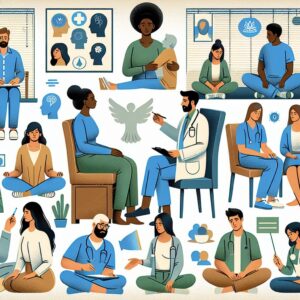 Illustration depicting various mental health support initiatives in a healthcare setting, with diverse people engaging in therapeutic activities such as counseling and group workshops. Emphasize inclusivity and diversity.