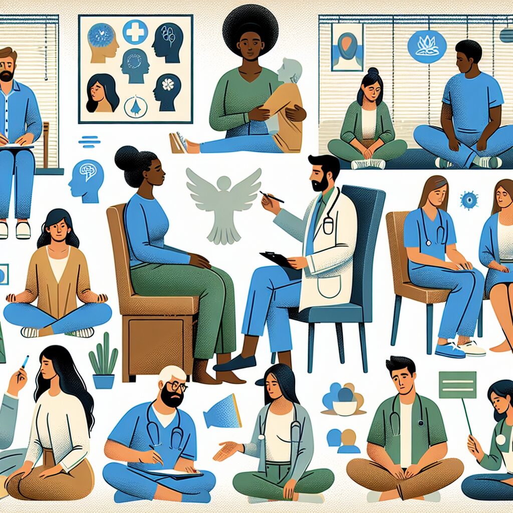 Illustration depicting various mental health support initiatives in a healthcare setting, with diverse people engaging in therapeutic activities such as counseling and group workshops. Emphasize inclusivity and diversity.