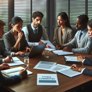 A group of diverse, professional-looking individuals having a serious discussion around a conference table, with documents and laptops, symbolizing an ethics committee meeting.