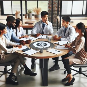 A group of diverse professionals in discussion around a large table in a modern office setting, representing a scientific committee meeting in the field of public health and prevention. The atmosphere is collaborative with visible notes and laptops, symbolizing research and evaluation.