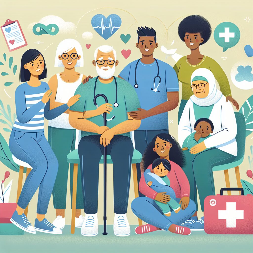 An illustration showing a diverse group of people of different ages and social backgrounds supporting each other for mental health awareness, with a backdrop of healthcare symbols and positive, uplifting colors