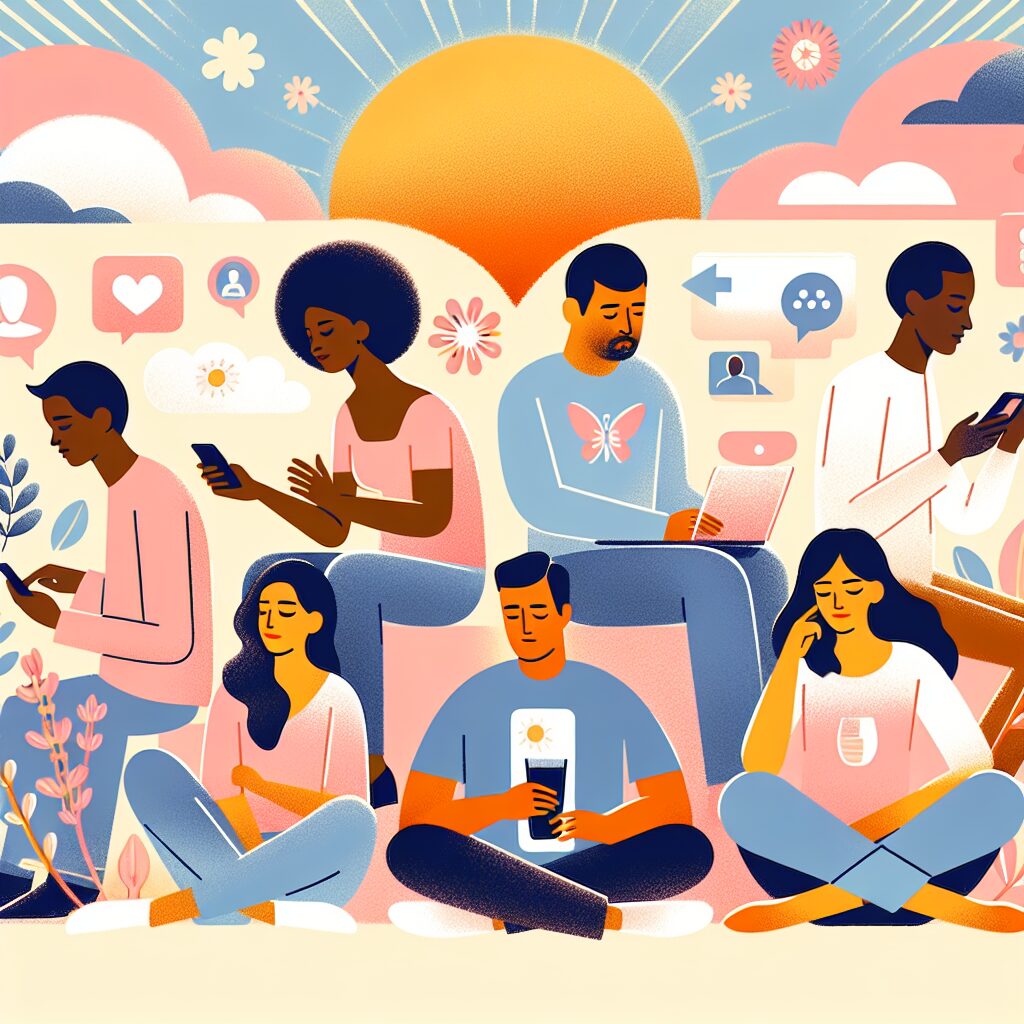 A supportive illustration of people using digital tools and resources to manage their alcohol consumption, featuring comforting and encouraging elements, with a soft color palette conveying a sense of hope and relief.