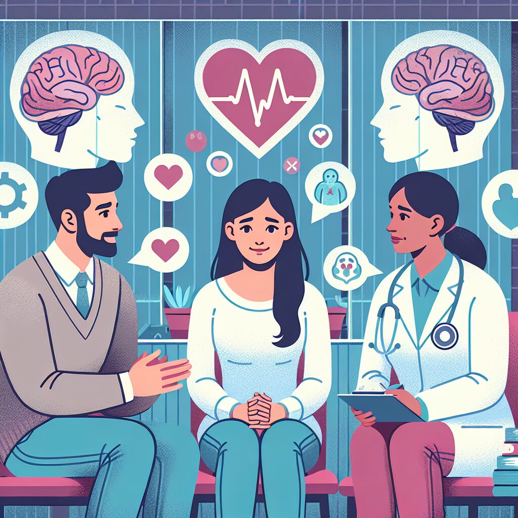 Illustration showing diverse individuals supporting each other in a mental health setting, with symbolic representations of mental health such as brains and heart illustrations, conveying empathy, support, and diversity.