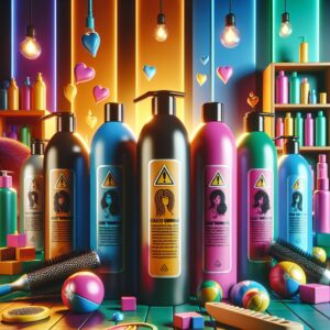 Image de produits de lissage brésilien avec une mise en scène d'avertissement, illustrant des bouteilles de produits capillaires avec des symboles d'avertissement santé, fonds colorés évoquant un salon de coiffure.