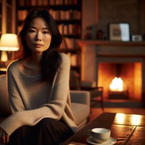 A person sitting alone on a couch, looking thoughtful and slightly melancholic, in a warm living room setting with subtle evening lighting to convey a cozy but introspective mood, reminiscent of a Sunday evening.