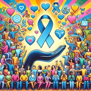 Image depicting mental health awareness, showing diverse people engaged in supportive and positive activities, with symbols of care and support in a vibrant, hopeful setting.