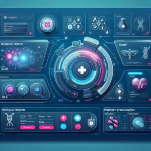 An illustration of a futuristic digital health platform interface, displaying various medical data sections like biological reports, medication prescriptions, and health appointments, with a user-friendly, secure, and sleek design.