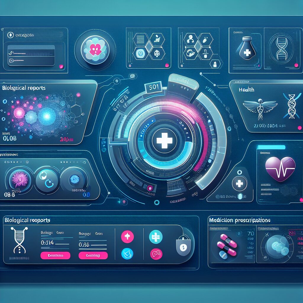 An illustration of a futuristic digital health platform interface, displaying various medical data sections like biological reports, medication prescriptions, and health appointments, with a user-friendly, secure, and sleek design.