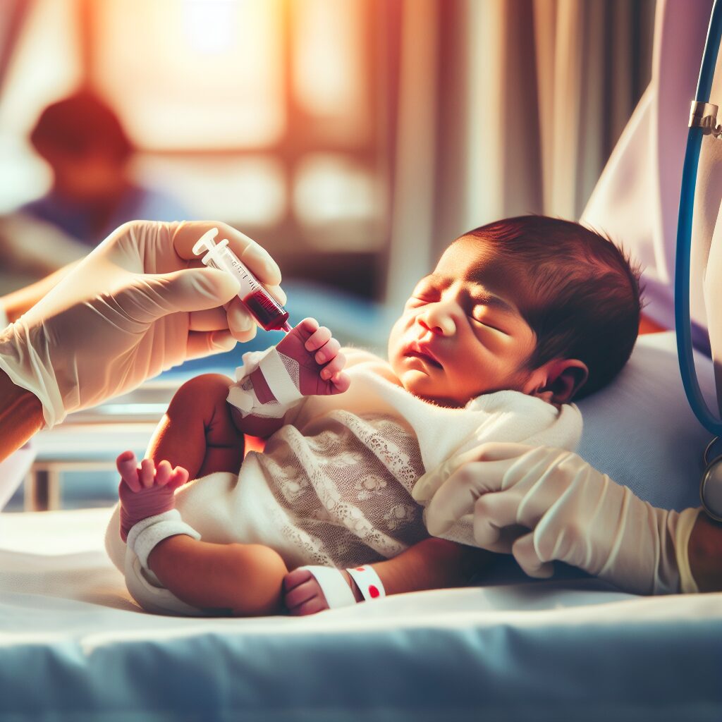 A newborn baby in a healthcare setting receiving a gentle heel prick for blood sample collection. The scene is warm with soft lighting, showing the nurse's careful and professional handling, symbolizing the care of neonatal screening for sickle cell disease.