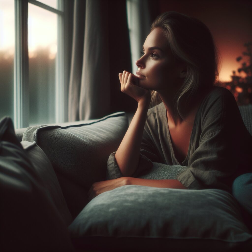 A person sitting on a couch, staring out a window with a pensive expression on a Sunday evening, with dim lighting and a cozy, introspective atmosphere.