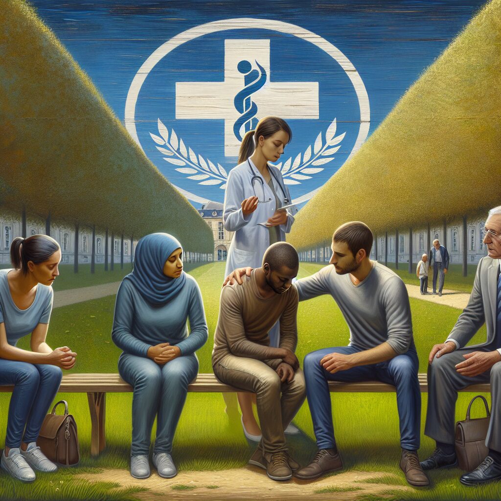 A serene, thought-provoking image symbolizing mental health awareness in France, showing diverse people in a peaceful and supportive setting, representing the compassion and care provided by Assurance Maladie.