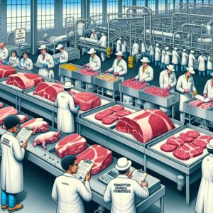 A detailed and realistic illustration showing European health inspectors examining Brazilian beef imports for banned hormones, with a backdrop of a meat processing facility.