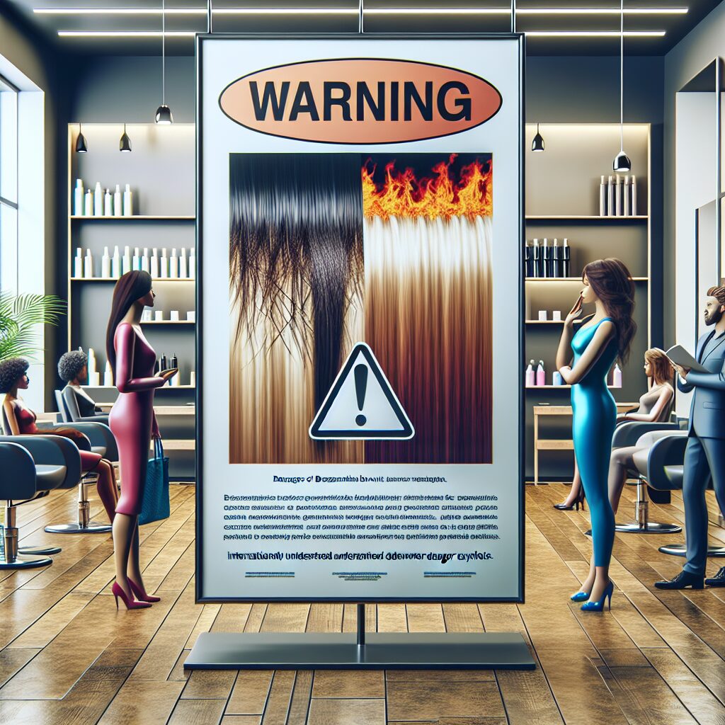 A stylish hair salon setting with worried customers reading a warning poster about the Brazilian blowout treatment. The poster highlights chemical hazards with vivid graphics, showing damaged hair and symbols of danger. Soft lighting and a sense of concern and awareness in the atmosphere.