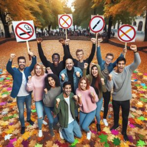 A diverse group of people celebrating together in an outdoor park, surrounded by autumn leaves, with symbols of quitting smoking such as crossed-out cigarettes and motivational banners in the background, conveying a sense of community and support.