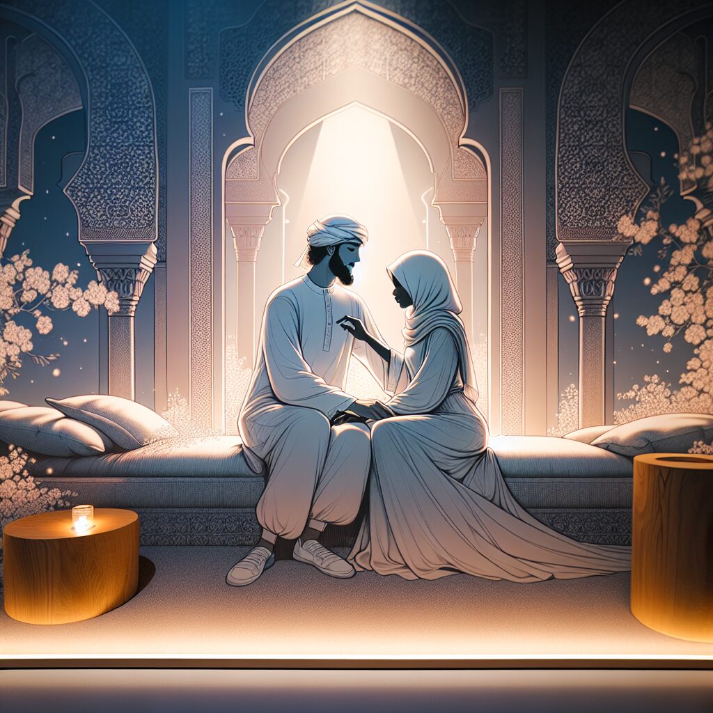 An artistic and sensual illustration of a couple in a tranquil setting, surrounded by calming elements like soft lighting and gentle touches, symbolizing rejuvenation and intimacy.