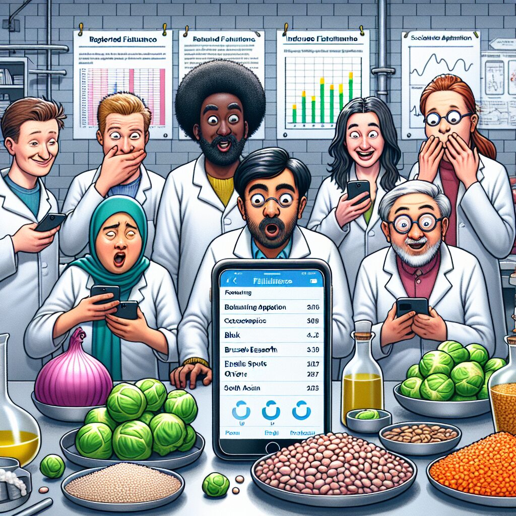 An illustration of a diverse group of Australian citizens using a mobile app to record flatulence data, in a humorous yet educational style, depicting various types of foods known to cause flatulence around them, with a scientific research setting in the background.