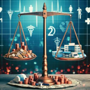 A conceptual image symbolizing the economic burden of rising healthcare costs in 2023, featuring a balance scale with stacks of coins on one side and medical supplies on the other, set against a backdrop of hospital and pharmacy imagery.