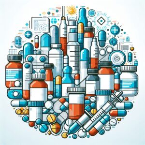 Une illustration moderne et claire de différents médicaments, avec un fond symbolisant l'innovation, la diversité et l'accessibilité dans le domaine pharmaceutique.