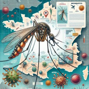 Illustration de moustiques tropicaux en action, transmettant des virus, sur fond de carte de France, avec des éléments visuels représentant la dengue, le chikungunya et le virus West Nile.