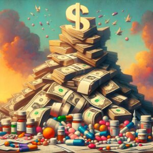 An illustration of rising healthcare costs, depicting a pile of medical bills and medicines, symbolizing the financial impact on public health expenses in 2023, focusing on a European, French style.